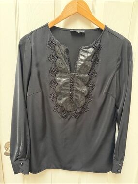 Black Long-Sleeve Women's Blouse with Faux Leather Appliqué
